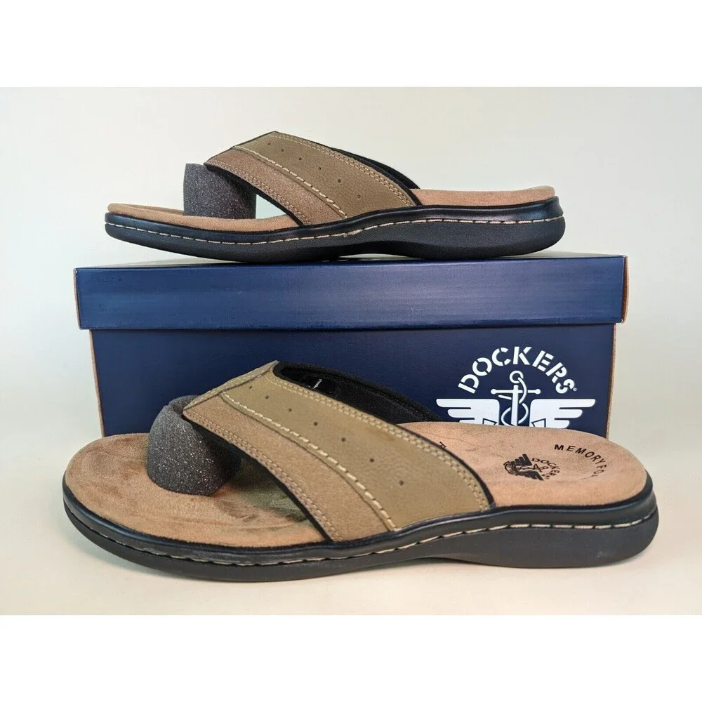 Dockers Sandals Mens 12 M Laguna Flip Flop Dark Tan Memory Foam Insole Shoes NEW - Picture 2 of 11
